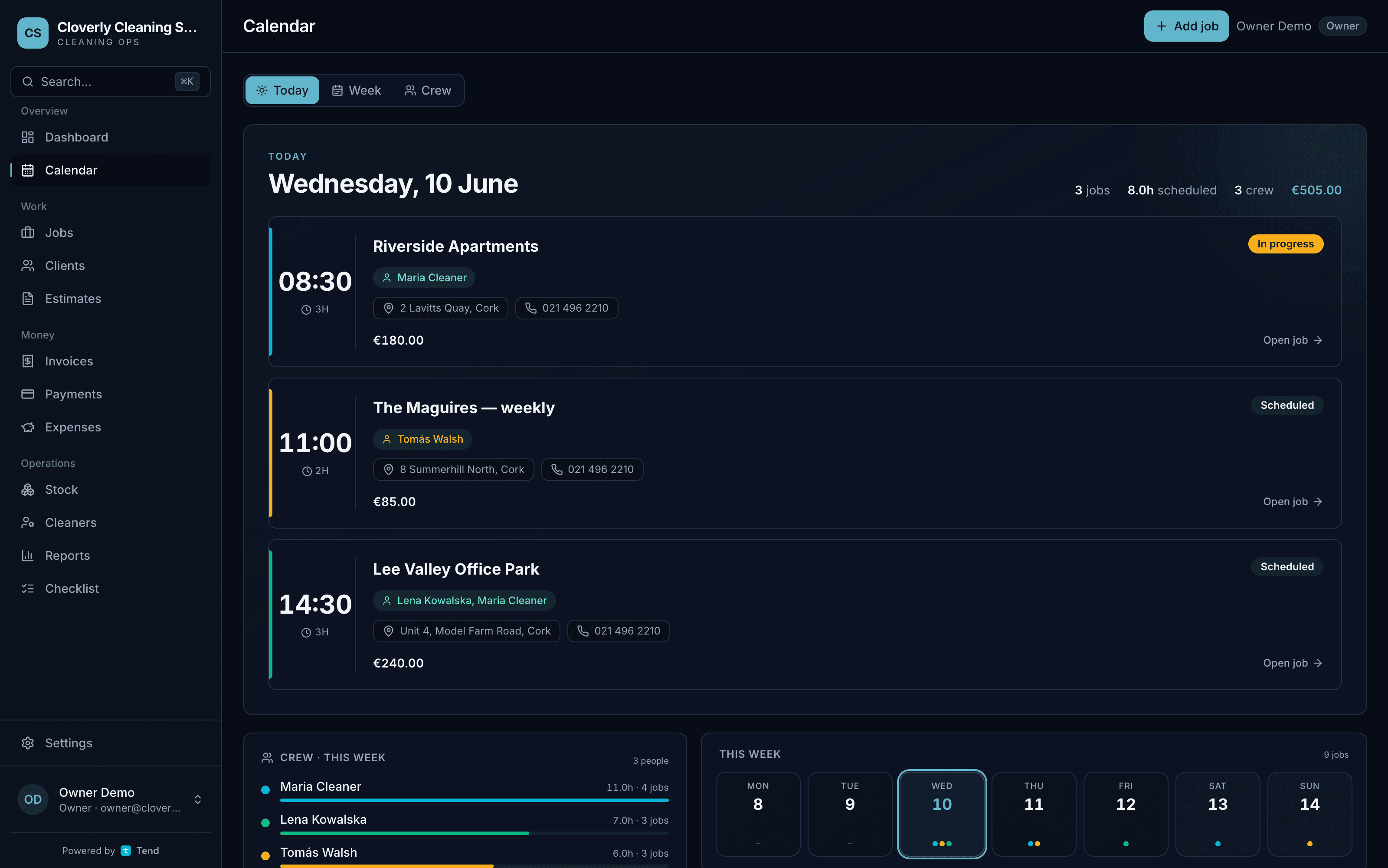 Tend calendar — today's jobs with times, crew and prices