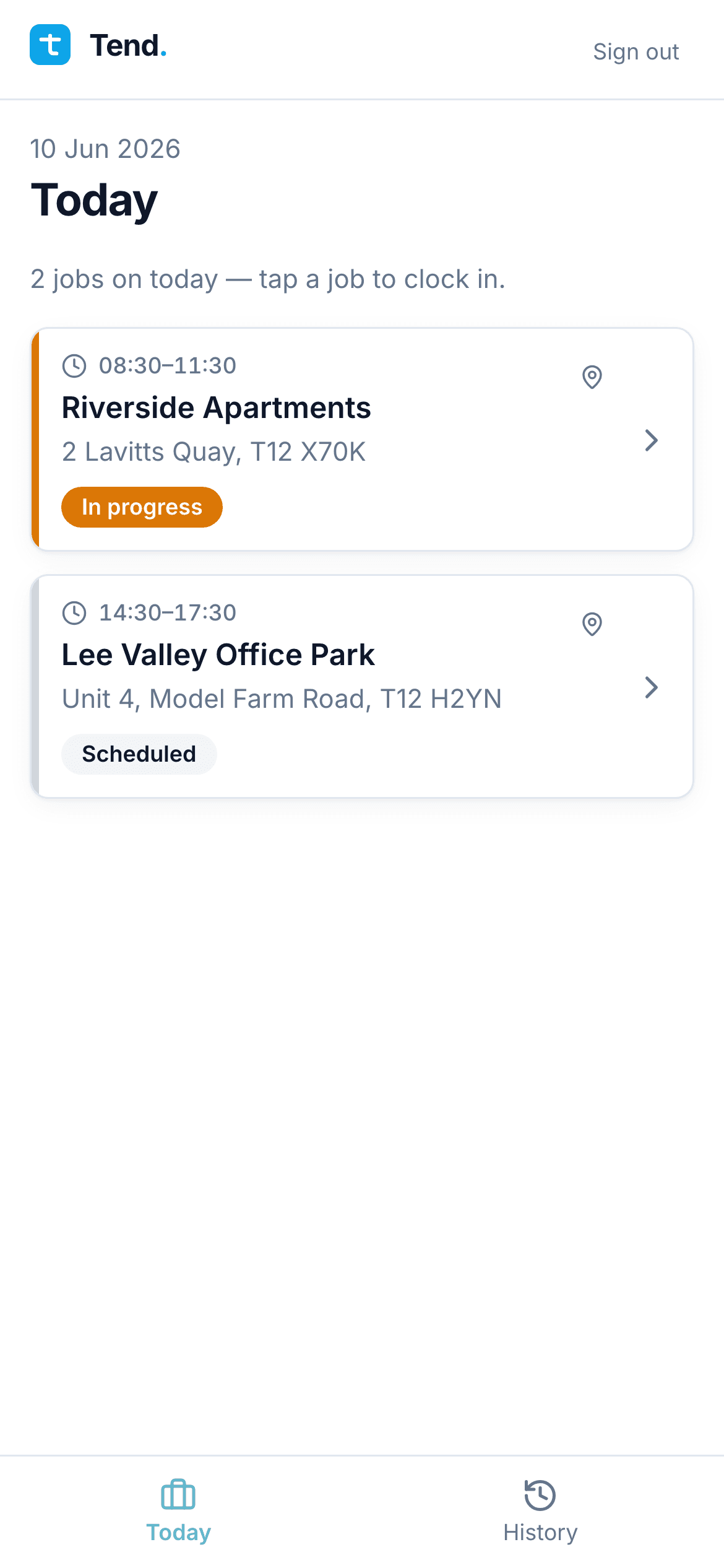 The Tend cleaner app showing today's two jobs on a phone